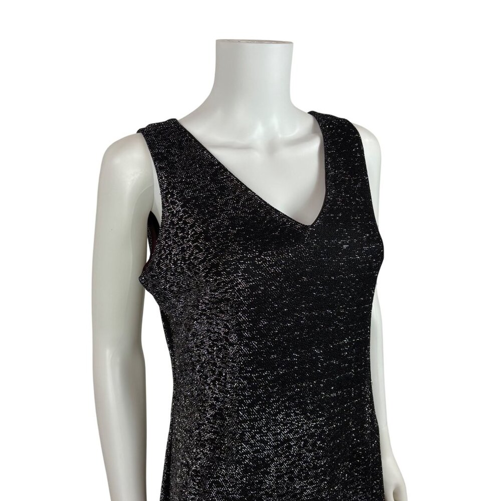 Vintage 70s Metallic Dress Womens Large Black Silver Lurex V Neck Midi Evening P - Picture 4 of 10